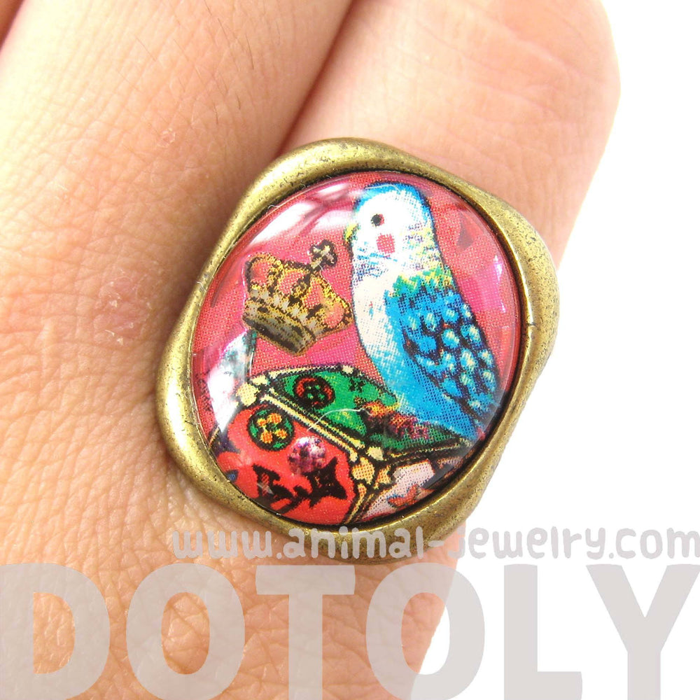 Unique Parakeet Bird Illustrated Resin Adjustable Ring | Animal Jewelry | DOTOLY