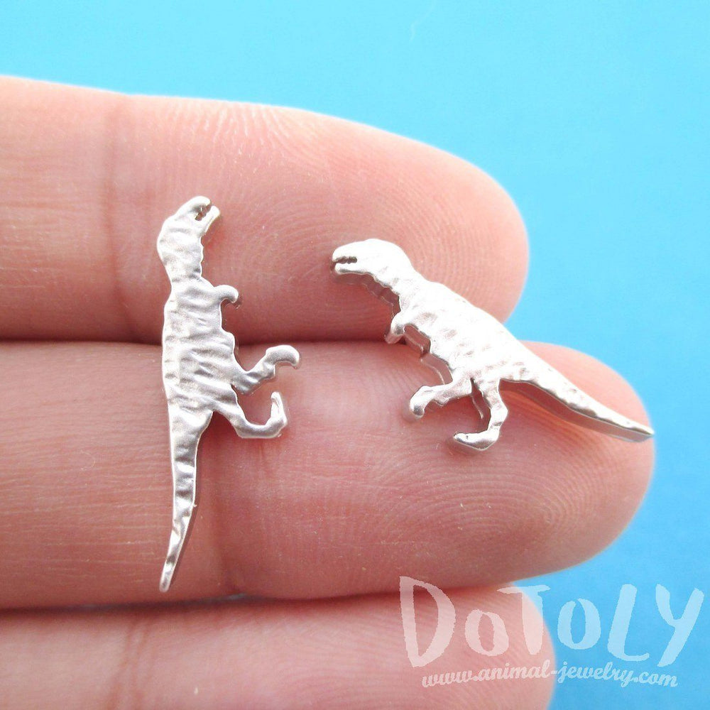 Velociraptor Dinosaur Silhouette Shaped Stud Earrings in Silver | DOTOLY | DOTOLY
