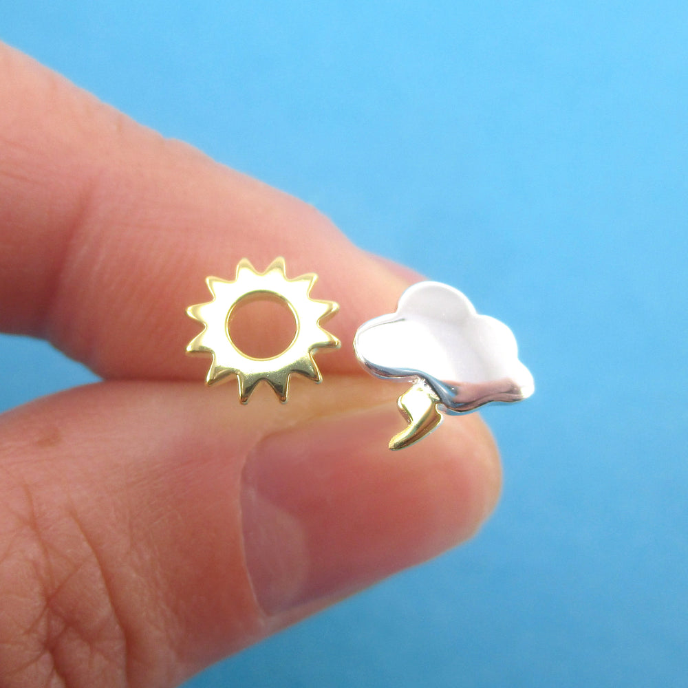Weather Inspired Thunder Storm Cloud Lightning Bolt and Sun Stud Earrings