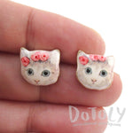 White Kitty Cat With a Floral Headdress Stud Earrings | Animal Jewelry