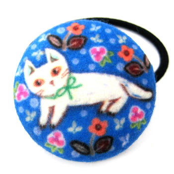 White Kitty Cat with Floral Print Button Hair Tie Pony Tail Holder in Blue Felt | DOTOLY