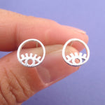 Wink Wink Round Evil Eye 925 Sterling Silver Stud Earrings