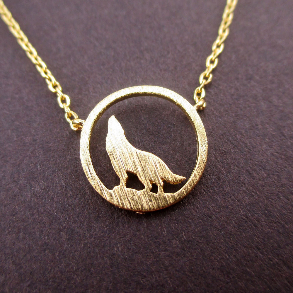 Wolf Howling Full Moon Dye Cut Shaped Pendant Necklace in Gold