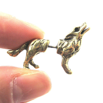 Fake Gauge Earrings: Realistic Wolf Fox Animal Shaped Plug Earrings in Brass | DOTOLY