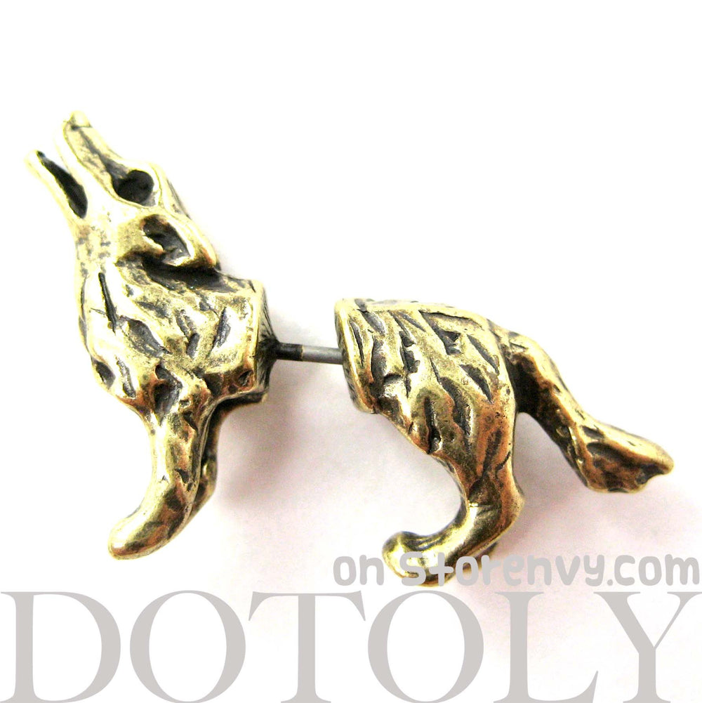 Fake Gauge Earrings: Realistic Wolf Fox Animal Shaped Plug Earrings in Brass | DOTOLY