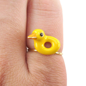 Yellow Rubber Ducky Shaped Enamel Ring | Animal Jewelry