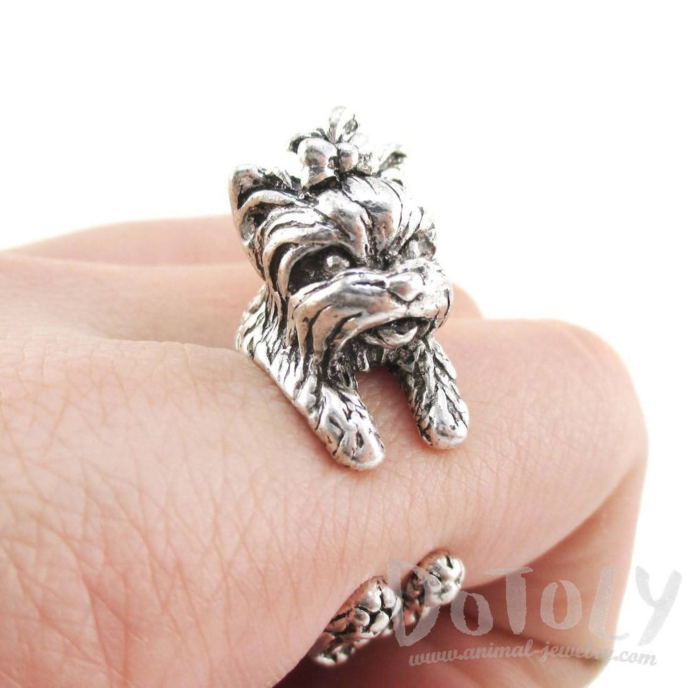 Yorkshire Terrier Dog Shaped Animal Wrap Around Ring in Silver | Sizes 5 to 8 | DOTOLY