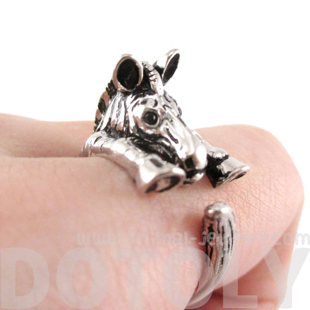 Zebra Shaped Animal Wrap Around Ring in Shiny Silver | US Sizes 4 to 9 | DOTOLY