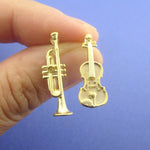 Musical Instrument Themed Violin and Trumpet Shaped Stud Earrings in Gold
