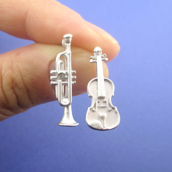 Musical Instrument Themed Violin and Trumpet Shaped Stud Earrings in Silver