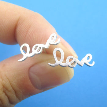 Cursive Hand Written Love Letter Typography Stud Earrings in Gold or Silver