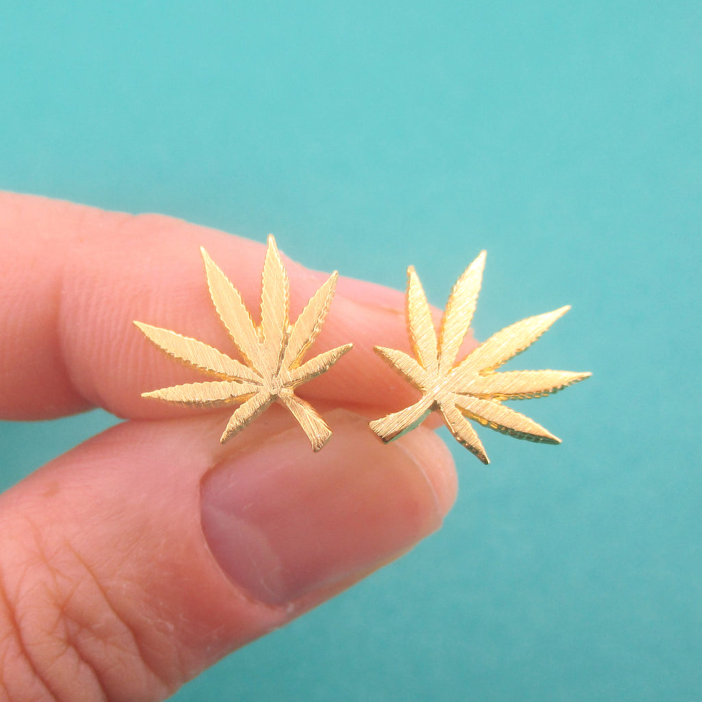 Cannabis Weed Sativa Marijuana Pot Leaf Stud Earrings in Silver or Gold DOTOLY