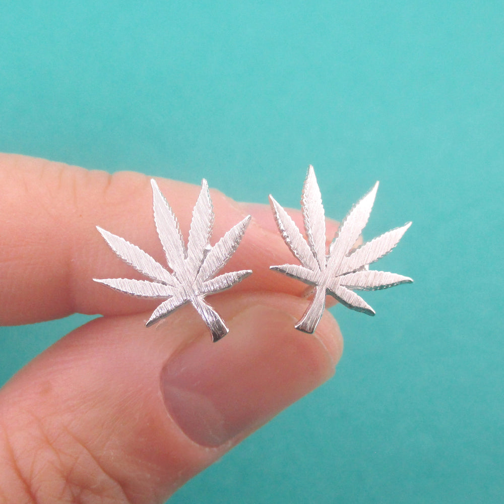 Cannabis Weed Sativa Marijuana Pot Leaf Stud Earrings in Silver or Gold