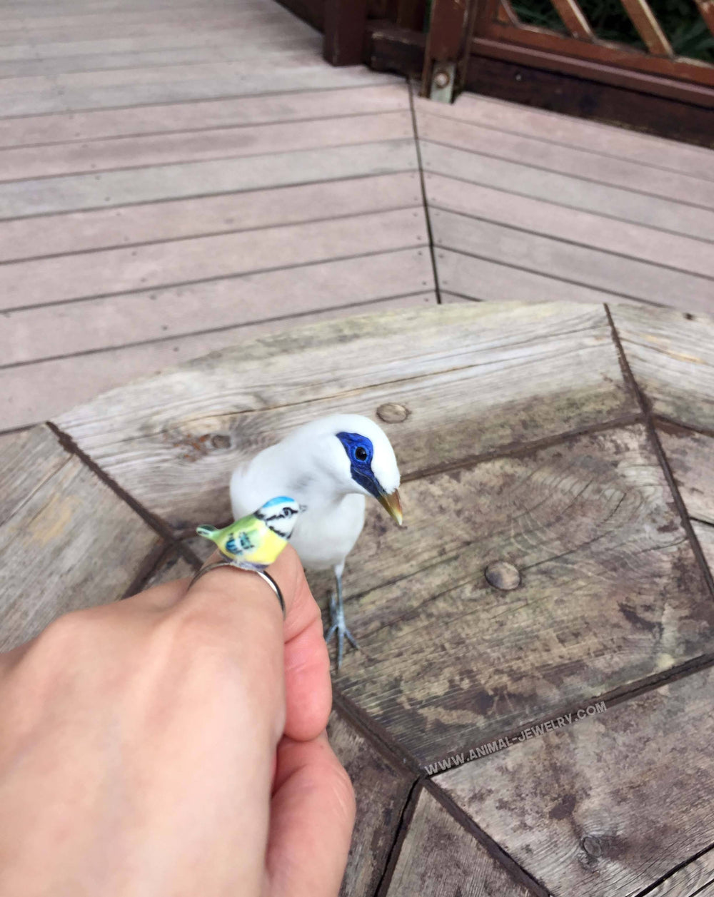 Colorful Porcelain Ceramic Blue Tit Bird Animal Adjustable Ring | Handmade | DOTOLY