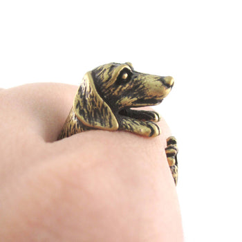 3D Realistic Dachshund Puppy Sausage Dog Shaped Animal Wrap Ring in Brass | US Sizes 5 to 8 | DOTOLY