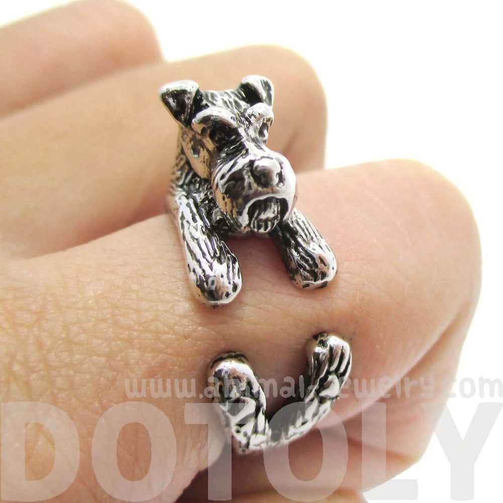 3D Miniature Schnauzer Dog Shaped Animal Wrap Ring in Shiny Silver | US Sizes 5 to 9 | DOTOLY
