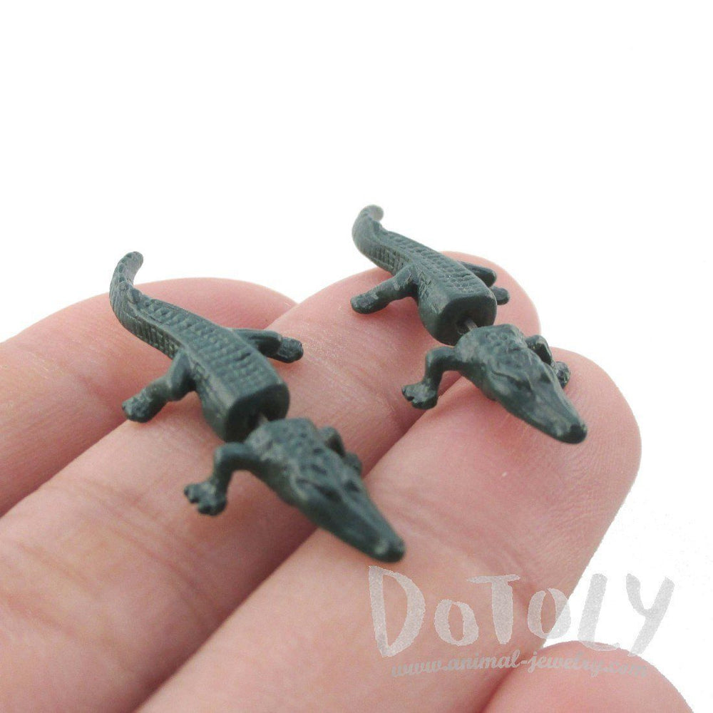 3D Alligator Crocodile Shaped Front and Back Stud Earrings in Green