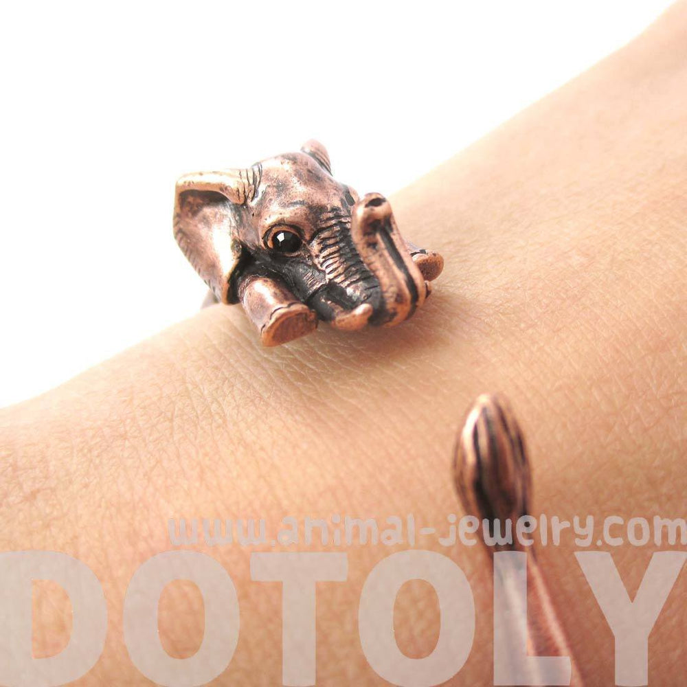 3D Baby Elephant Wrapped Around Your Wrist Shaped Bangle Bracelet in Copper | DOTOLY