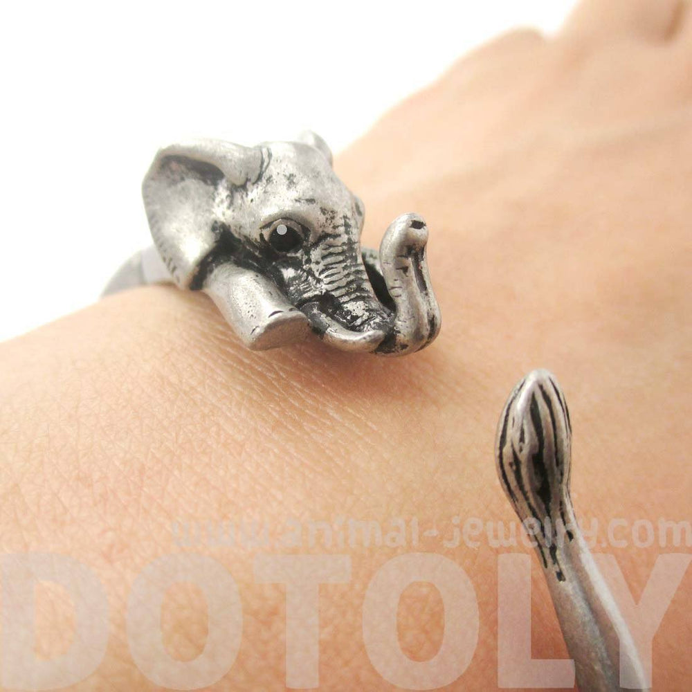 3D Baby Elephant Wrapped Around Your Wrist Shaped Bangle Bracelet in Silver | DOTOLY