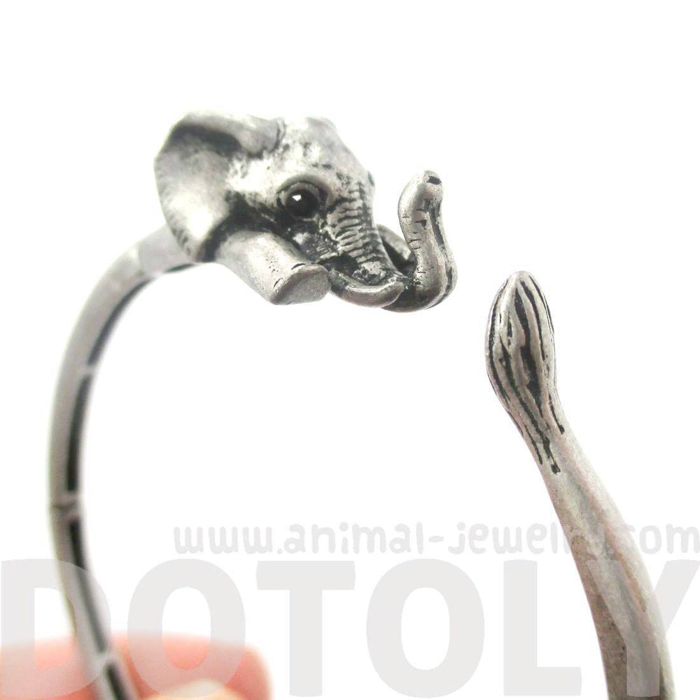 3D Baby Elephant Wrapped Around Your Wrist Shaped Bangle Bracelet in Silver | DOTOLY