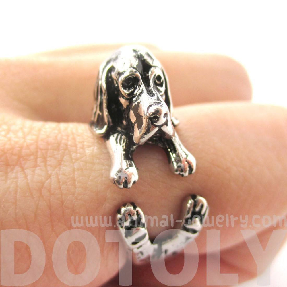 3D Basset Hound Dog Shaped Animal Wrap Ring in Shiny Silver | Sizes 4 to 8.5 | DOTOLY