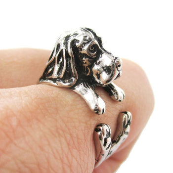3D Basset Hound Dog Shaped Animal Wrap Ring in Shiny Silver | Sizes 4 to 8.5 | DOTOLY