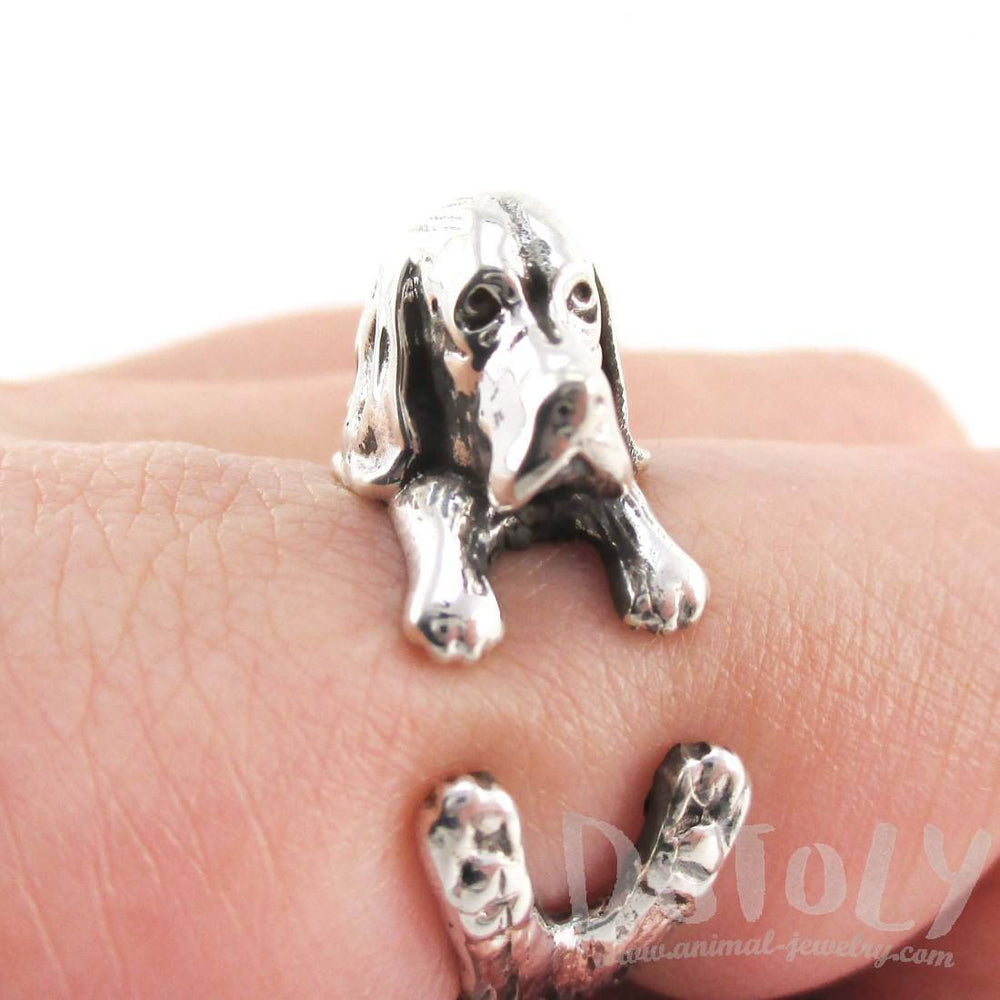 3D Basset Hound Shaped Animal Wrap Ring in 925 Sterling Silver | US Sizes 4 to 8.5 | DOTOLY