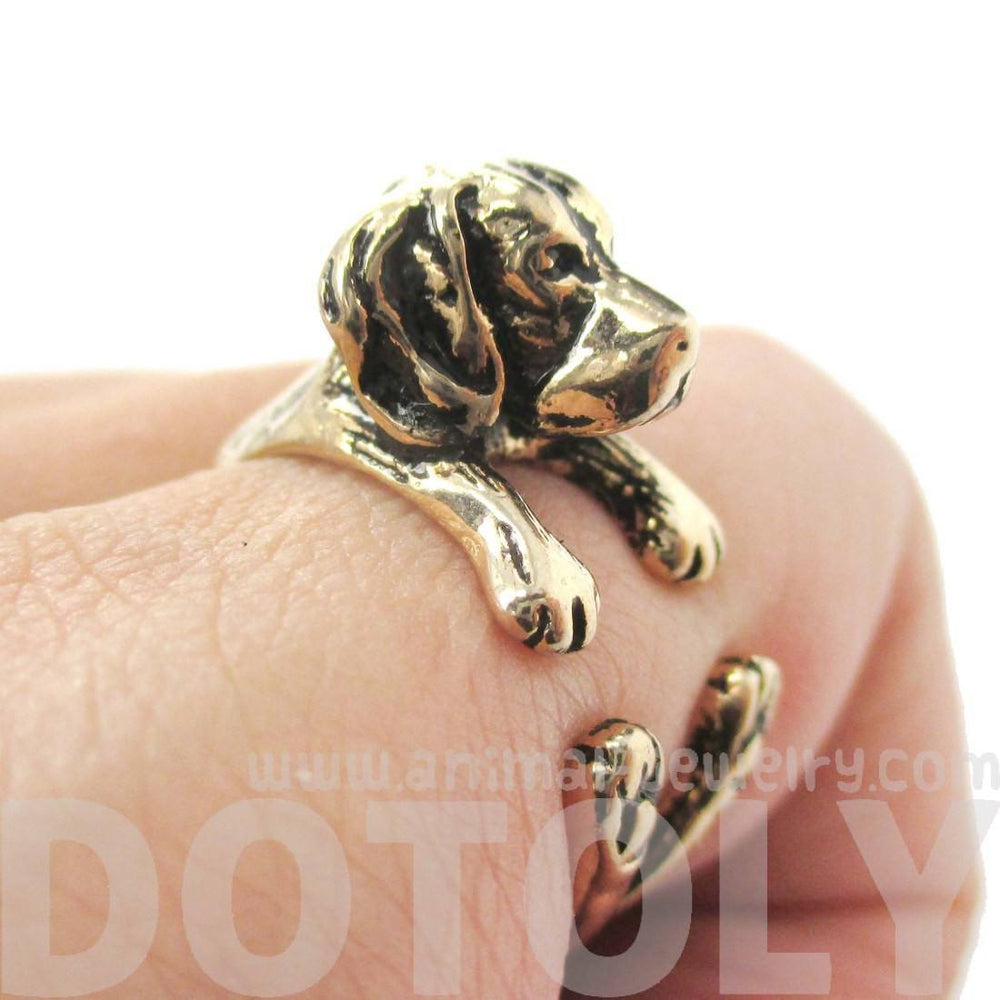 3D Beagle Dog Shaped Animal Wrap Ring in Shiny Gold | Sizes 4 to 8.5 | DOTOLY
