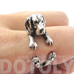 3D Beagle Dog Shaped Animal Wrap Ring in Shiny Silver | Sizes 4 to 8.5 | DOTOLY