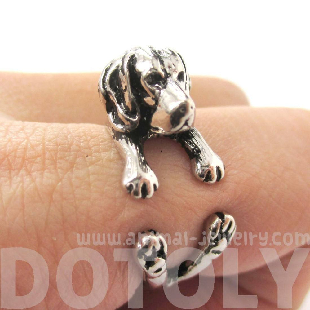 3D Beagle Dog Shaped Animal Wrap Ring in Shiny Silver | Sizes 4 to 8.5 | DOTOLY
