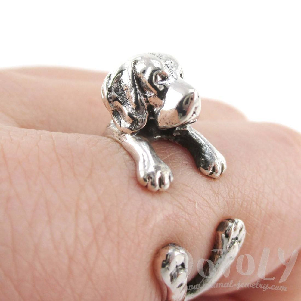 3D Beagle Puppy Shaped Animal Wrap Ring in 925 Sterling Silver | Sizes 4 to 8.5 | DOTOLY