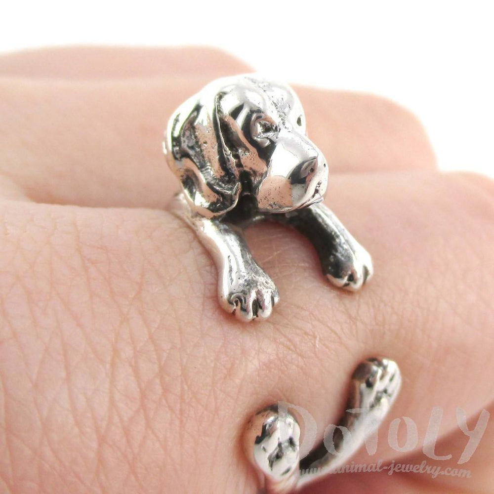 3D Beagle Puppy Shaped Animal Wrap Ring in 925 Sterling Silver | Sizes 4 to 8.5 | DOTOLY