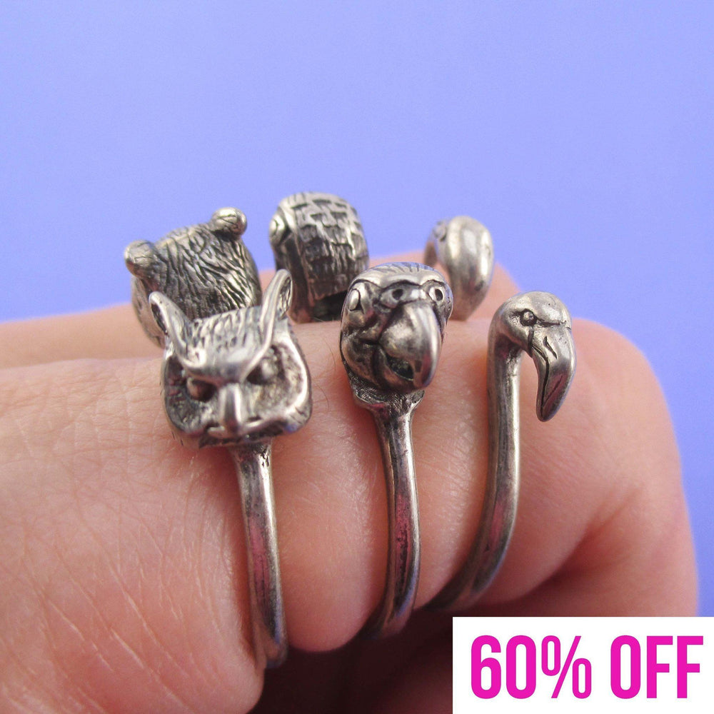 Bird Inspired Rings in the Shape of Flamingo Parrot and Owl in Silver