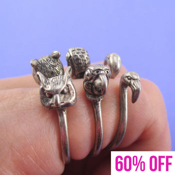 Bird Inspired Rings in the Shape of Flamingo Parrot and Owl in Silver
