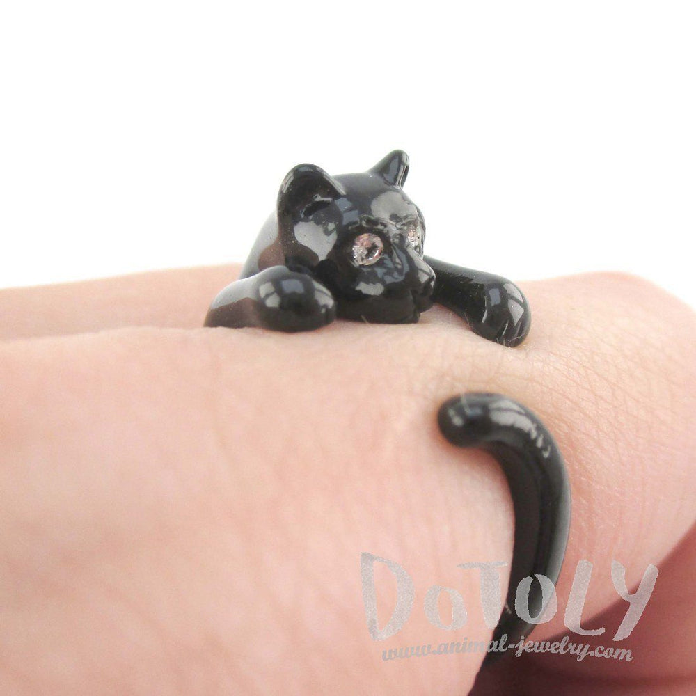 3D Black Kitty Cat Wrapped Around Your Finger Shaped Animal Ring