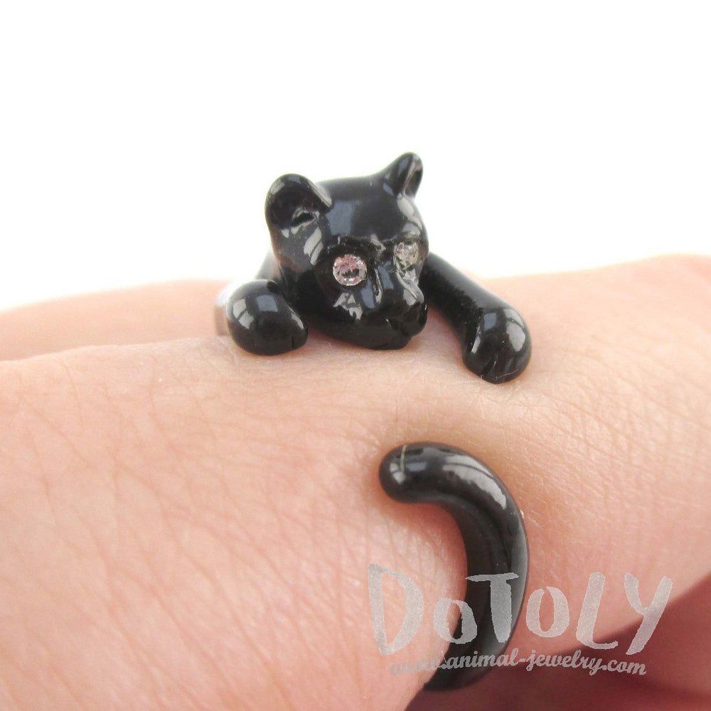 3D Black Kitty Cat Wrapped Around Your Finger Shaped Animal Ring