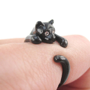 3D Black Kitty Cat Wrapped Around Your Finger Shaped Animal Ring