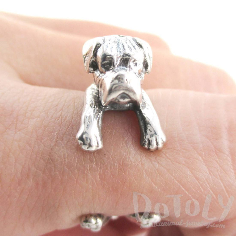 3D Boxer Dog Shaped Animal Wrap Ring in 925 Sterling Silver | Sizes 3 to 7 | DOTOLY