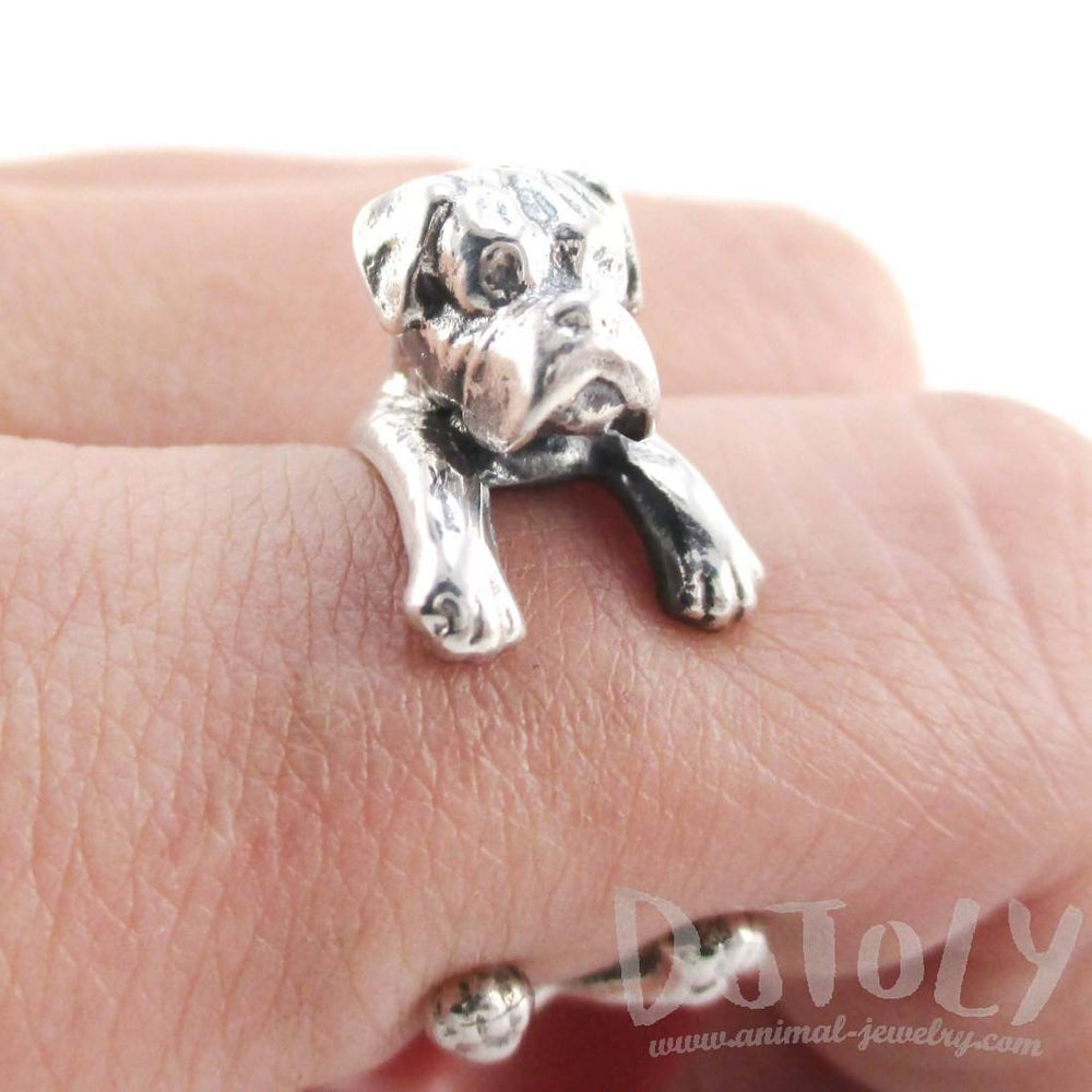 3D Boxer Dog Shaped Animal Wrap Ring in 925 Sterling Silver | Sizes 3 to 7 | DOTOLY