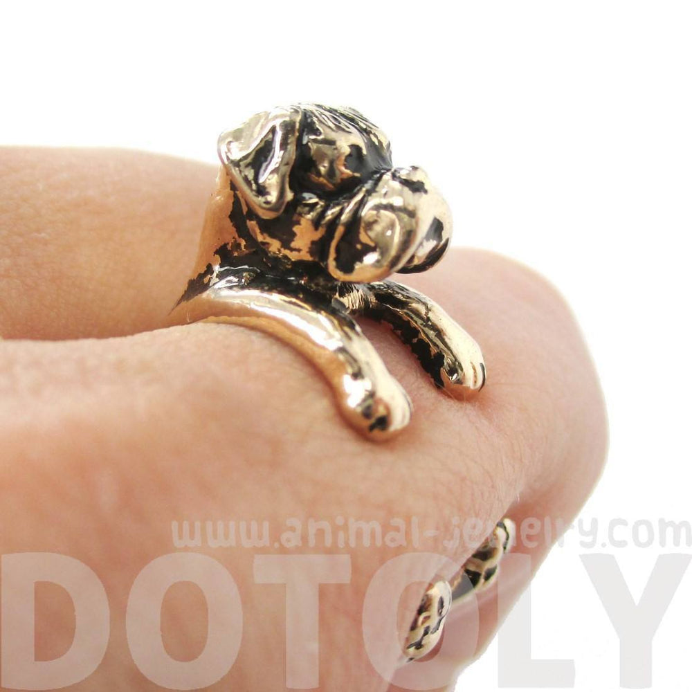 3D Boxer Dog Shaped Animal Wrap Ring in Shiny Gold | Sizes 4 to 8.5 | DOTOLY