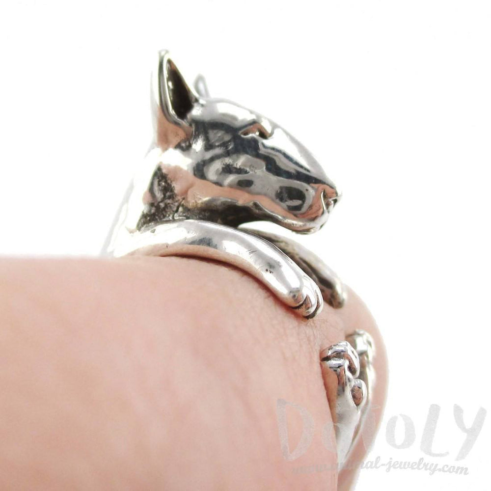 3D Bull Terrier Dog Shaped Animal Wrap Ring in 925 Sterling Silver | US Sizes 4 to 8.5 | DOTOLY