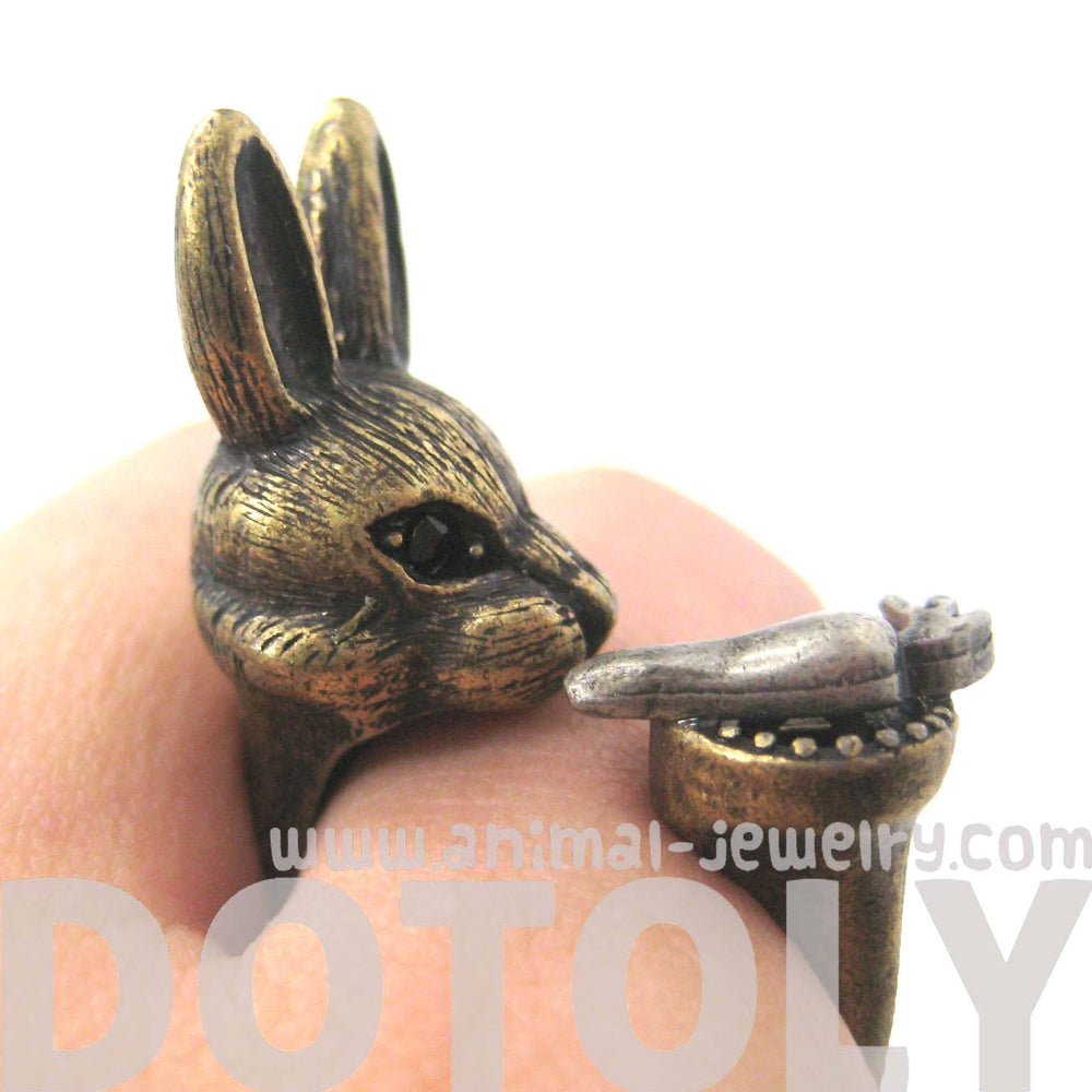 3D Bunny Rabbit with Carrot Animal Wrap Ring in Brass | US Sizes 8 to 11 | DOTOLY