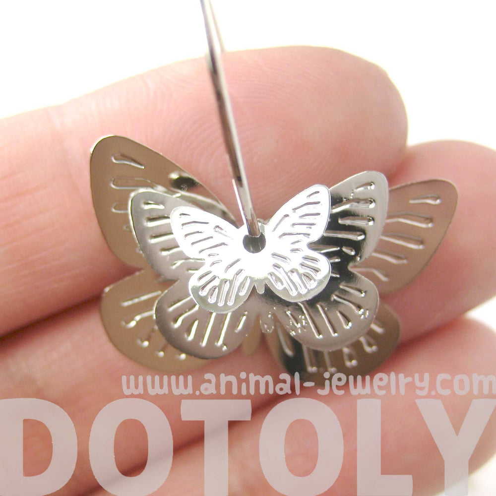 3D Butterfly Shaped Dangle Hoop Earrings in Silver | Animal Jewelry | DOTOLY