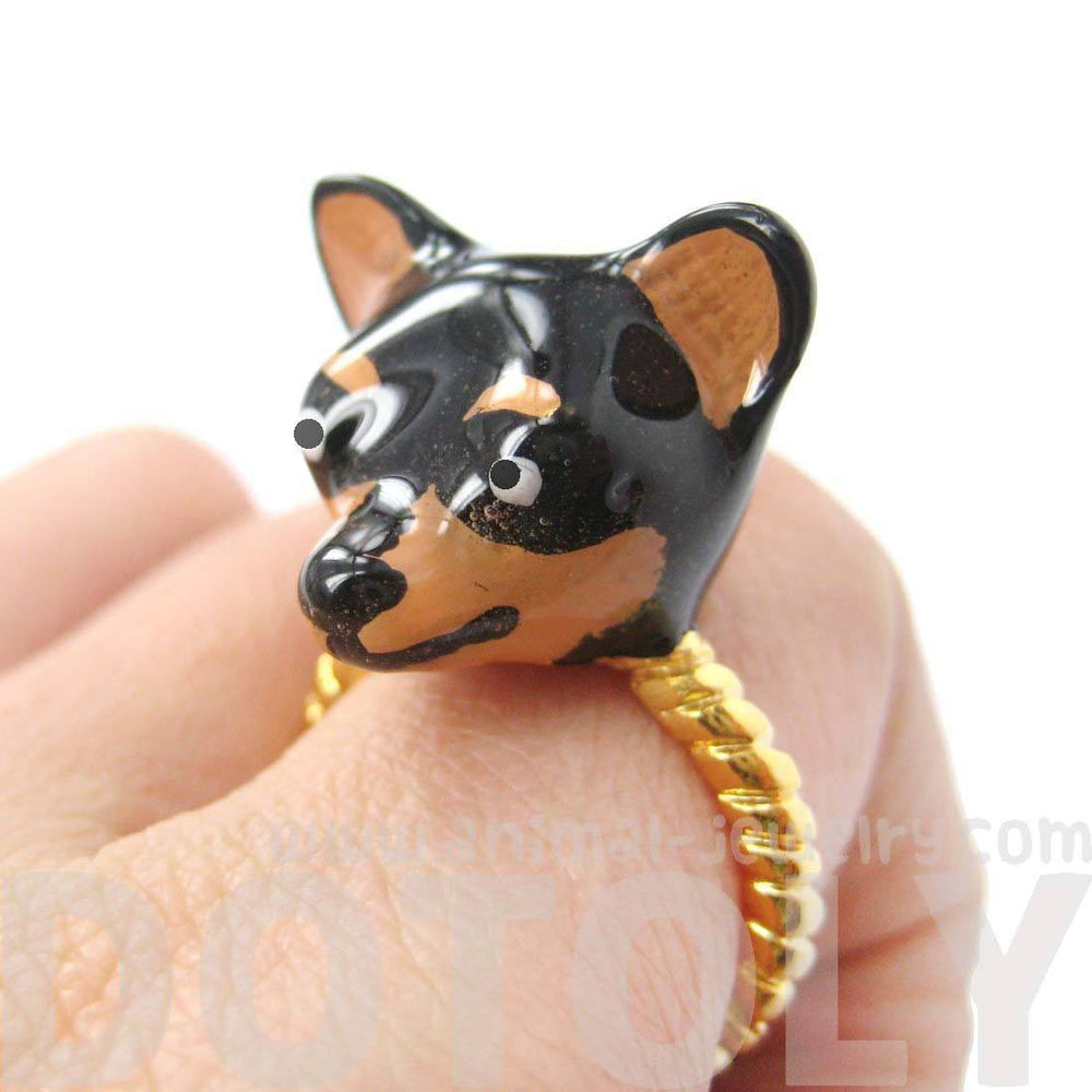 3D Chihuahua Dog Face Shaped Enamel Animal Ring Black and Tan | Limited Edition | DOTOLY