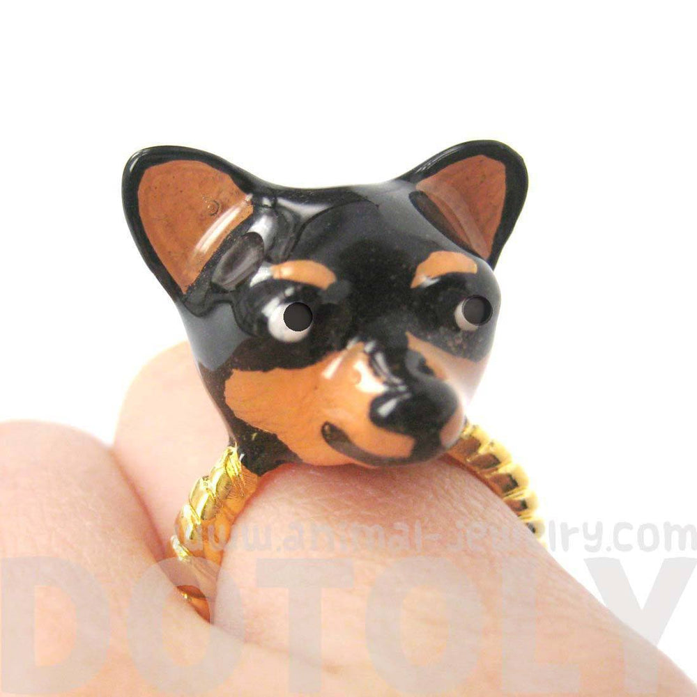 3D Chihuahua Dog Face Shaped Enamel Animal Ring Black and Tan | Limited Edition | DOTOLY