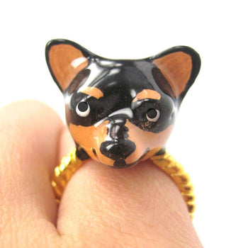 3D Chihuahua Dog Face Shaped Enamel Animal Ring Black and Tan | Limited Edition | DOTOLY