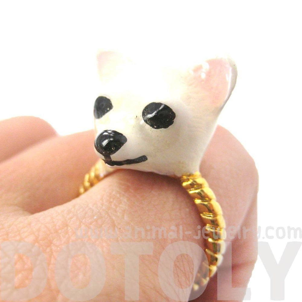 3D Chihuahua Dog Face Shaped Enamel Animal Ring in White | Limited Edition Jewelry | DOTOLY