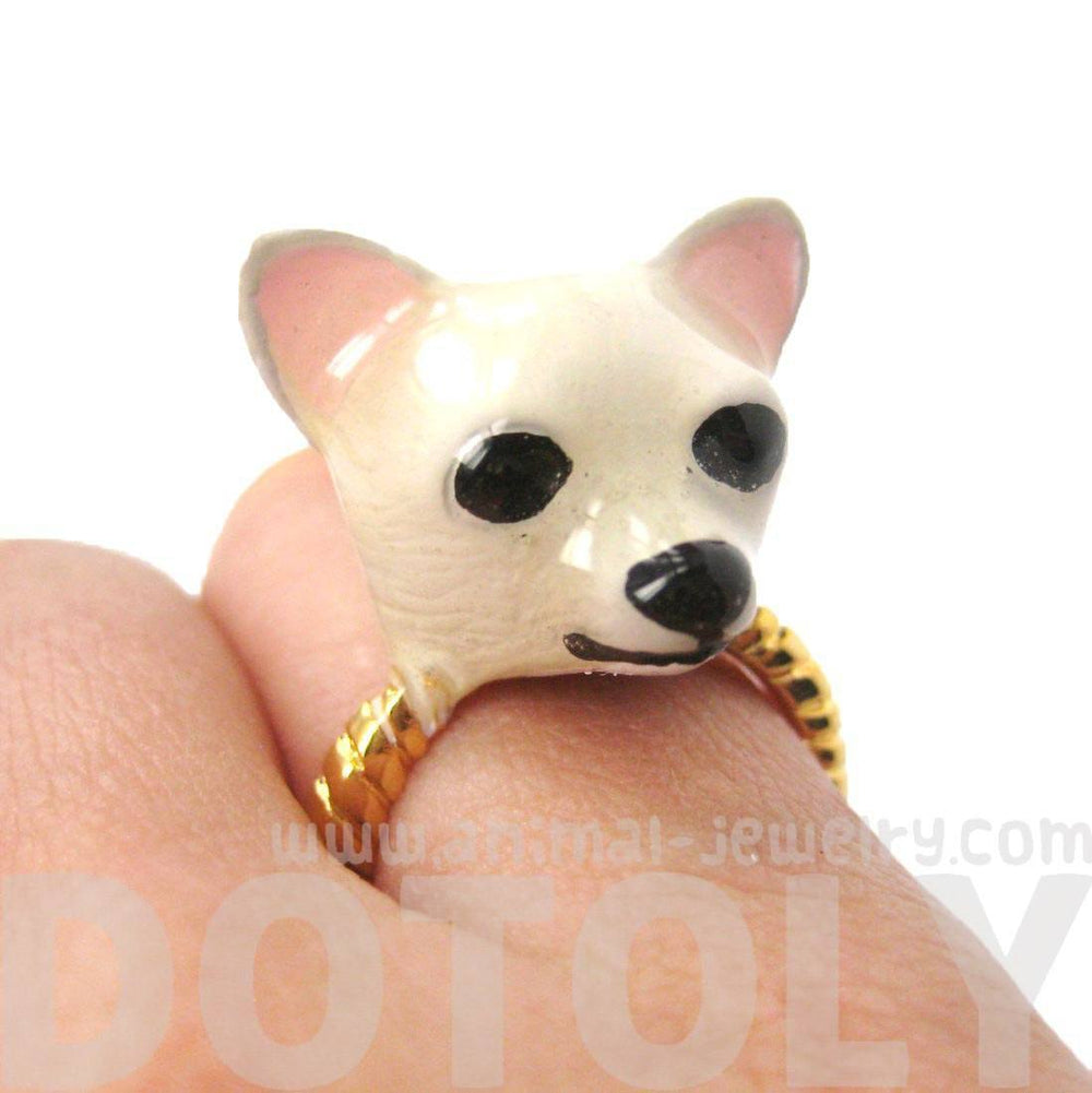 3D Chihuahua Dog Face Shaped Enamel Animal Ring in White | Limited Edition Jewelry | DOTOLY