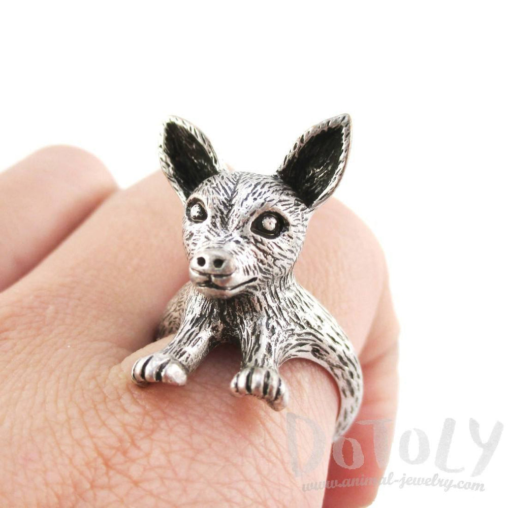 3D Chihuahua Puppy Shaped Animal Ring in Silver | Gifts for Dog Lovers | DOTOLY