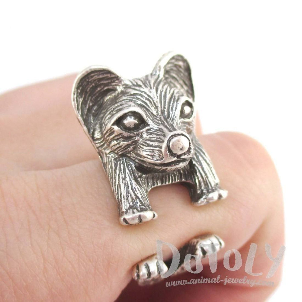 3D Continental Toy Spaniel Papillon Dog Shaped Animal Ring in Silver